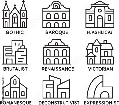 Architectural Styles Line Art Collection 3.