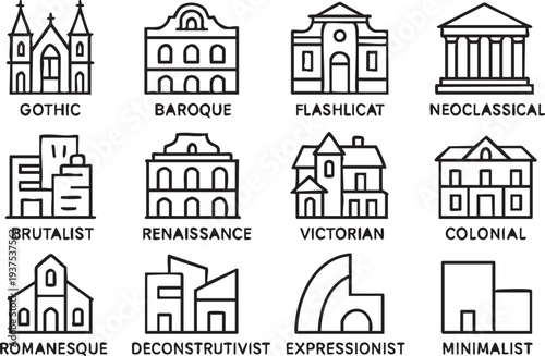 Architectural Styles Line Art Illustrations.