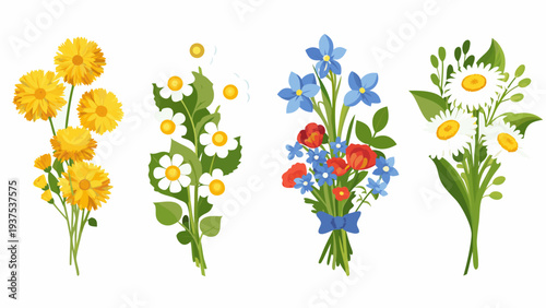 Four bouquets of colorful wildflowers arranged in a linear pattern