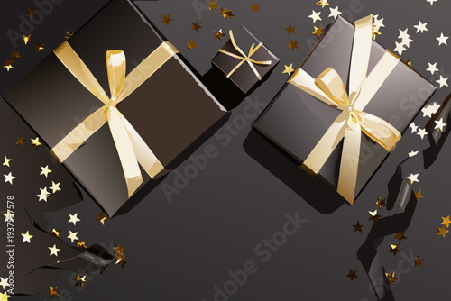 Elegant black gift boxes with gold ribbons and scattered star confetti