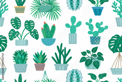 Stylized pattern featuring various potted houseplants and desert cacti