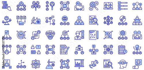 Focus Group purple style icons collection. Vector illustrations. Topic, Audience, Recruitment, Sample, Group dynamics, Debriefing. Pro Vectors.	
