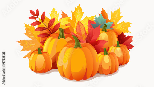 Autumn arrangement of pumpkins and colorful maple leaves on white