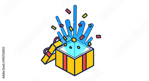 Colorful cartoon surprise gift box with confetti explosion.