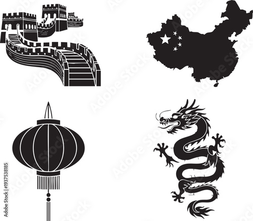 Iconic Chinese Symbols: Great Wall, Dragon, Lantern, Map Silhouette