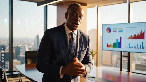 Confident businessman talking in modern high-rise office