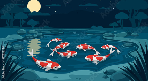 Koi Fish Pond Night Moonlight