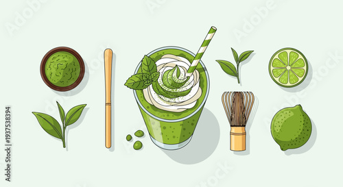 Matcha Drink with Lime and Accessories