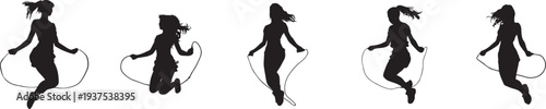 Silhouette of a girl jumping rope, mid-air pose, hair flowing. Set of 4 black cowgirl silhouettes jumping rope vector