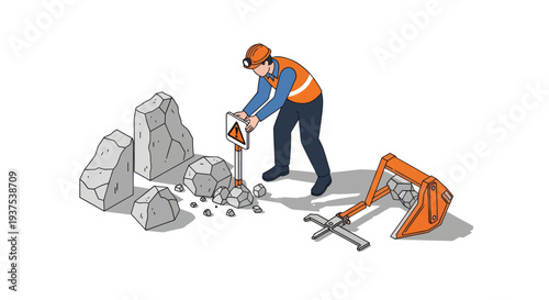 Construction worker inspects hazardous site with warning sign and equipment.