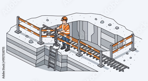 Construction worker operating a jackhammer in a trench with safety barriers.
