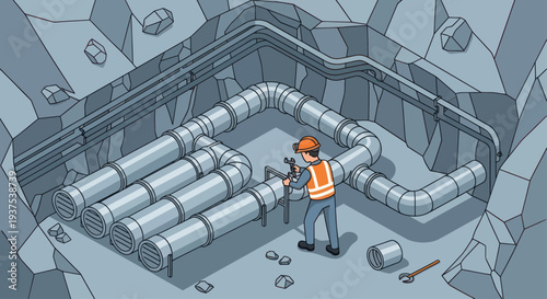 Construction worker maintaining industrial pipeline system underground.