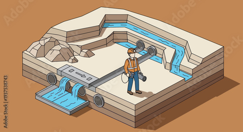 Construction worker overseeing water management system with cascading water flow.