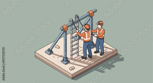 Construction workers assembling industrial equipment on a platform.