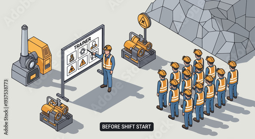 Construction workers attend a safety briefing before starting their shift.