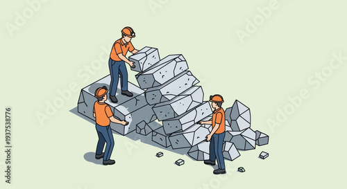 Construction workers building with large stone blocks isometric illustration.