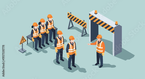 Construction Workers Briefing at Job Site Safety Checkpoint.