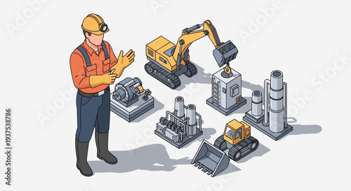 Construction worker with heavy machinery and industrial equipment illustration.