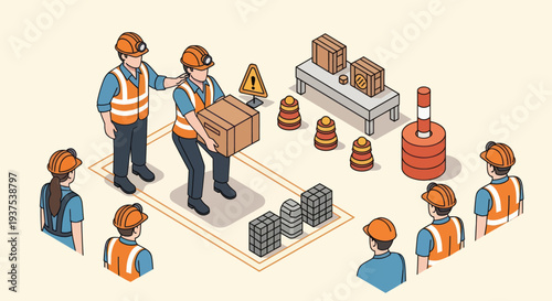 Construction workers collaborating on a project with safety gear.