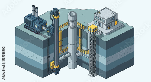 Cross section of a geothermal power plant with drilling rig and control building.