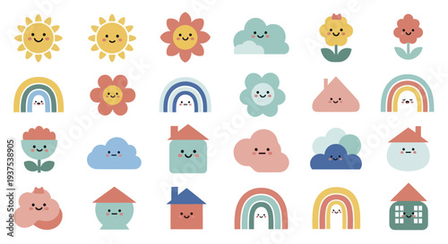 Cute Cartoon Sun Clouds Rainbows Flowers and Houses Collection.