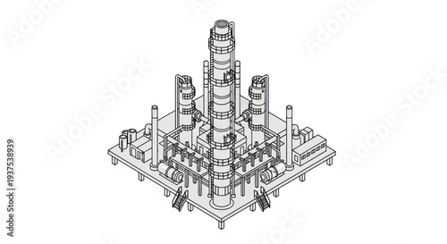 Detailed blueprint of an industrial oil refinery or chemical plant structure.
