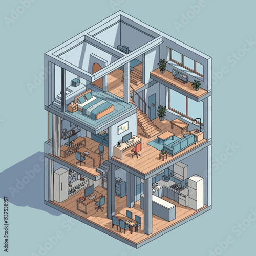 Detailed Isometric View of a Modern Multi-Story House Interior.