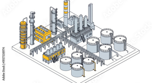 Detailed Isometric View of an Industrial Oil Refinery Plant.