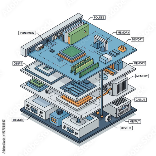 Exploded view of a computer motherboard and components.