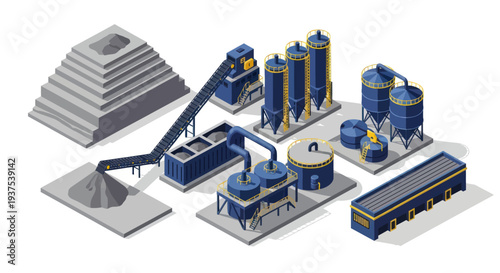 Industrial cement factory complex with silos and conveyor belts.