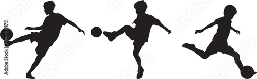Black silhouette of a young boy kicking a soccer ball, dynamic action pose. Set of 3 black silhouette soccer player icons vector