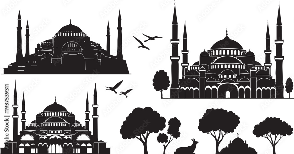 Naklejka premium Istanbul Mosque Silhouette Vector Set with Islamic Architecture and Domes