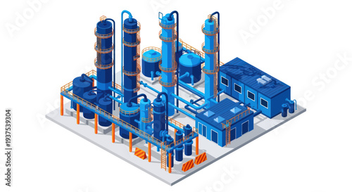 Industrial Chemical Plant with Distillation Towers and Processing Units.