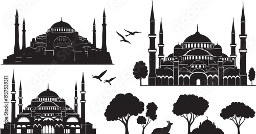 Istanbul Mosque Silhouette Vector Set with Islamic Architecture and Domes