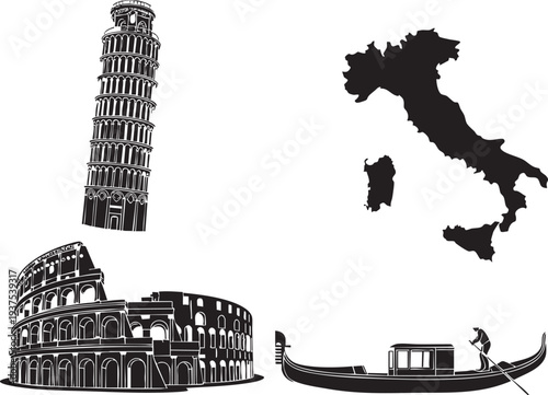 Italian Travel Landmarks Silhouette Set with Pisa Colosseum Venice Gondola