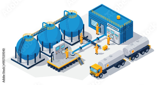 Industrial Chemical Plant with Storage Tanks and Trucks.