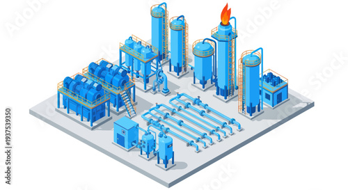 Industrial Chemical Plant with Storage Tanks and Flare Stack.