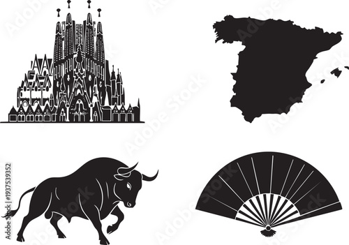 Spain Cultural Symbols Black Silhouette Vector Set with Map Bull and Fan