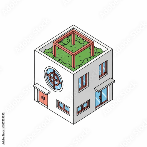 Isometric illustration of a modern white building with a rooftop garden and red frame.