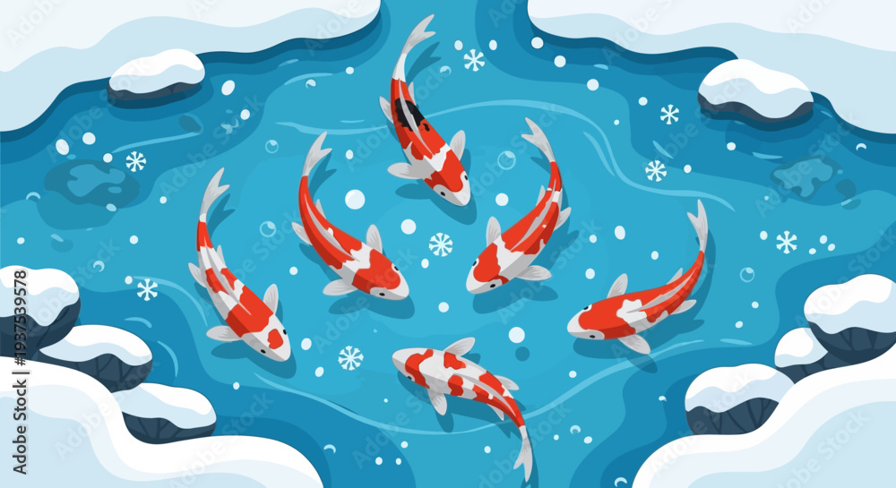 Obraz premium Koi fish swimming in icy water, winter scene