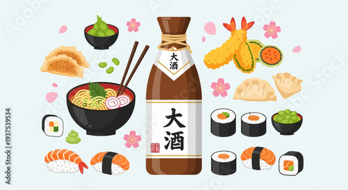 Japanese Food Assortment with Sake Bottle