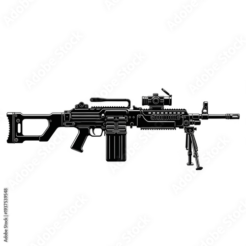 Tactical Light Machine Gun Illustration with Bipod and Red Dot Sight Scope