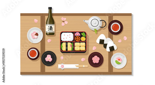 Japanese Bento Box Meal with Sake and Onigiri