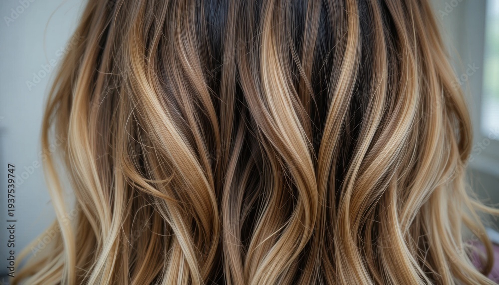 Naklejka premium Close-up view of long, wavy hair with a mix of blonde and light brown highlights.