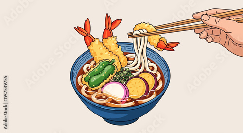Udon Noodles with Shrimp Tempura and Vegetables