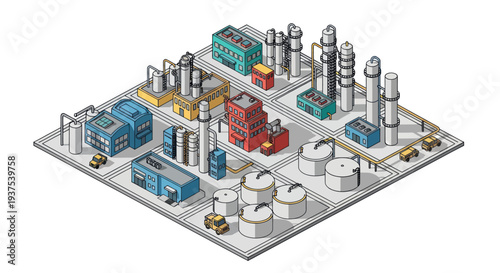 Industrial Complex with Various Buildings and Tanks.