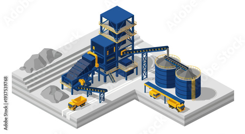 Industrial concrete batching plant isometric illustration.