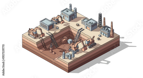 Industrial construction site with heavy machinery and buildings.