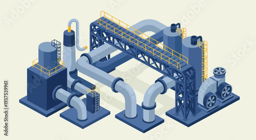 Industrial factory complex with pipes and machinery isometric view.