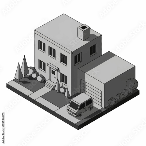 Isometric illustration of a modern building with a truck parked outside.